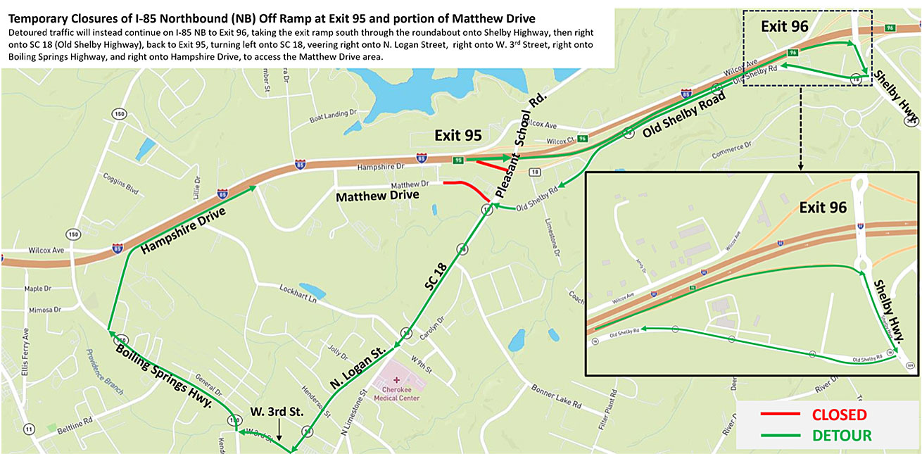 Exit 95 Matthews Drive Detour map