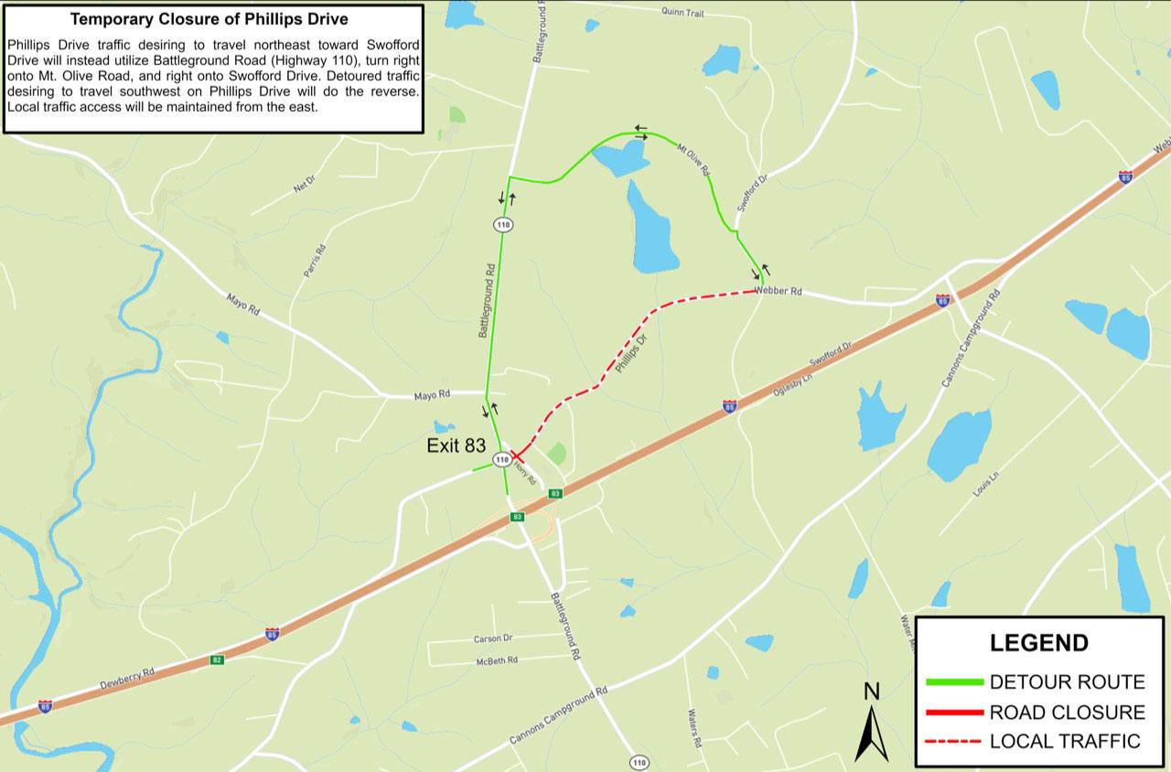 Phillips Drive Detour map